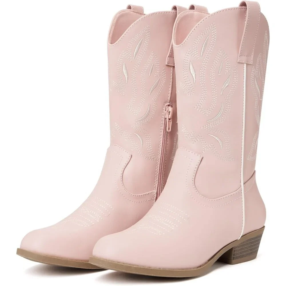 ⚡Kids Pink Polyurethane Cowboy Pointed Toe Mid-Calf Embroidered Side Zipper Boot